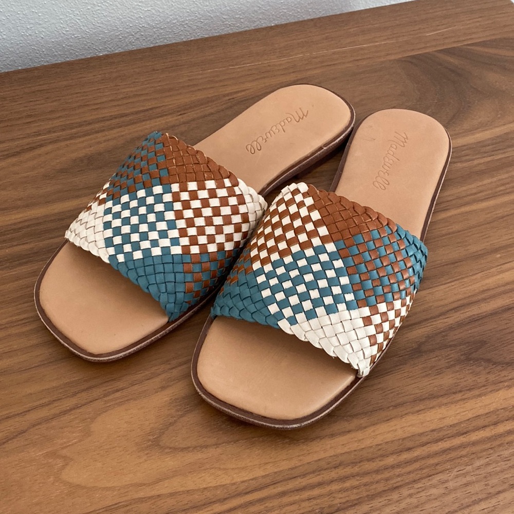 Madewell Woven Slide Sandal blue cream and tan woven size 5